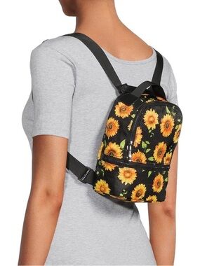Black Sunflower Print Mini Backpack Purse Bag With Adjustable Strap & Top Handle